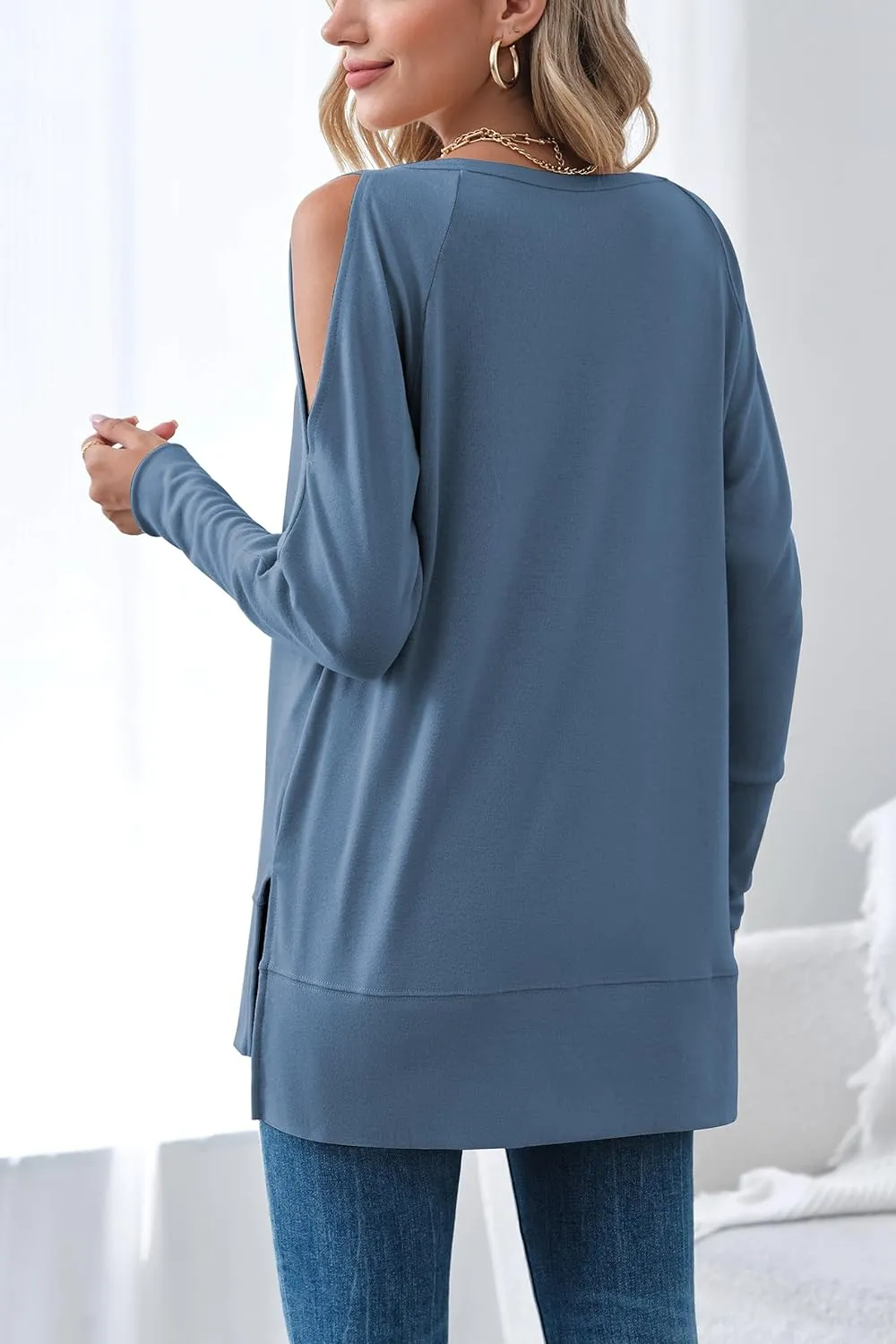 Hongqizo Women's Cold Shoulder Long Sleeve Sweatshirt Casual Crew Neck Side Split Loose Pullover Tops Blouses