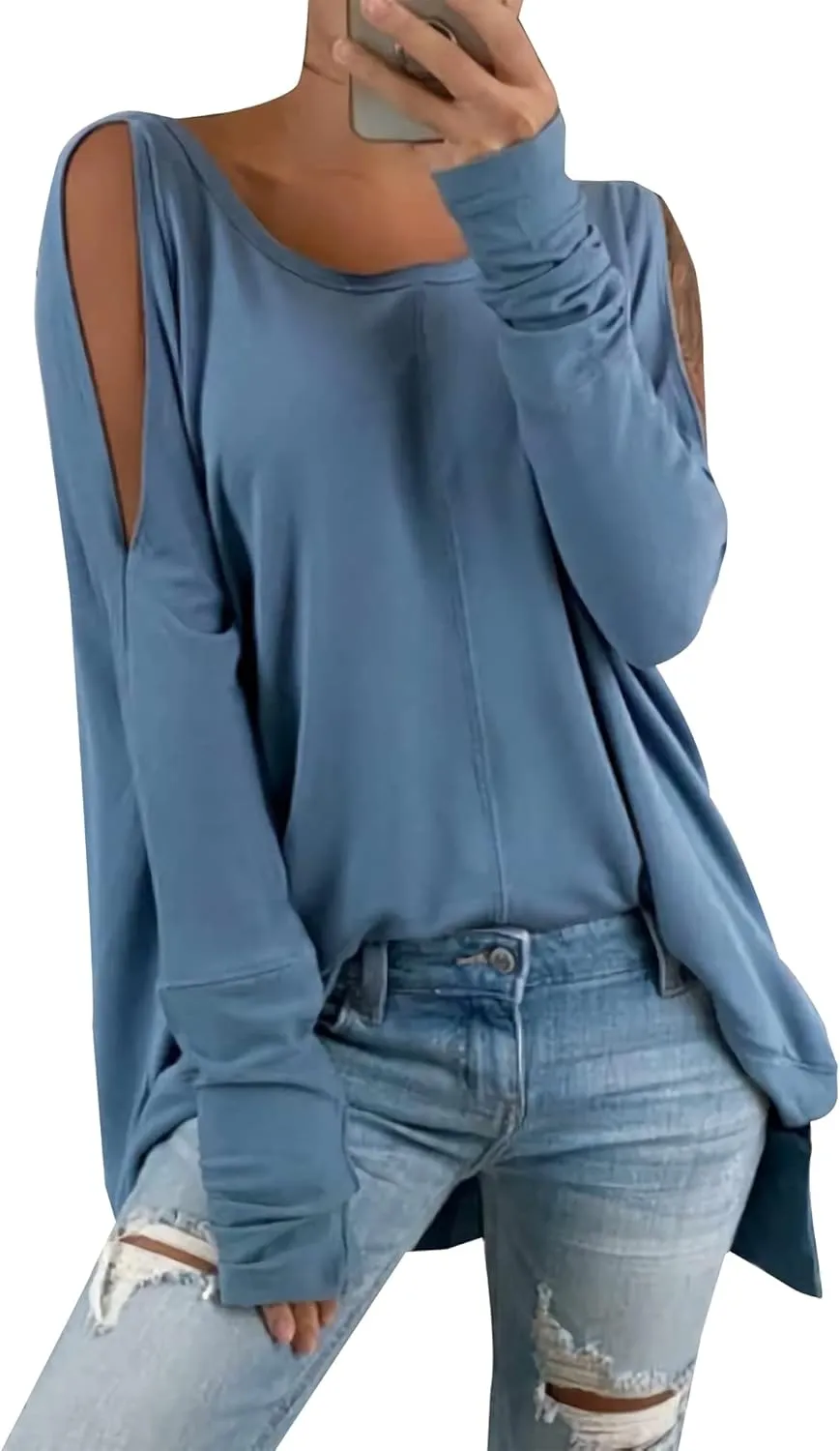 Hongqizo Women's Cold Shoulder Long Sleeve Sweatshirt Casual Crew Neck Side Split Loose Pullover Tops Blouses
