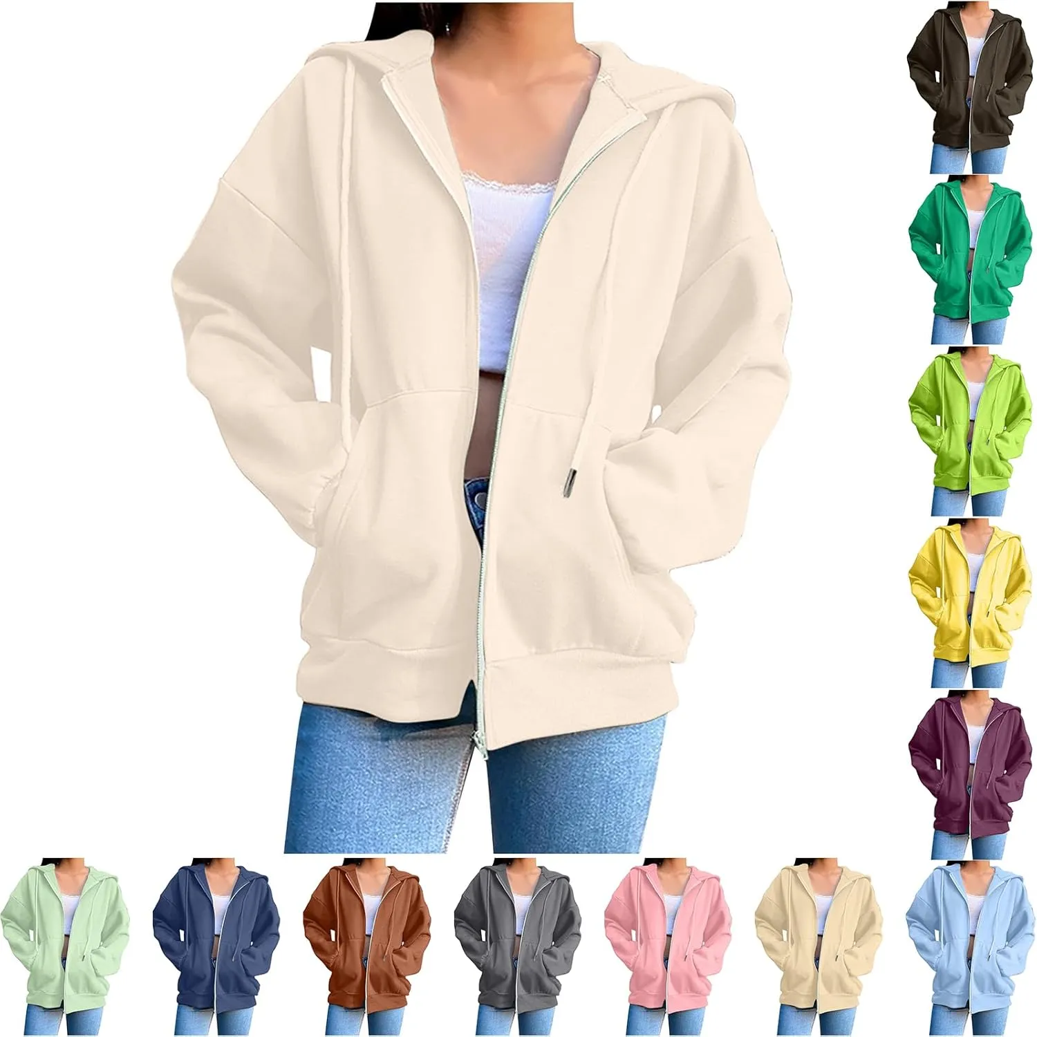 Hoodies for Women Zip up Lightweight Cute Hooded Sweatshirts Drawstring Casual Long Sleeve Jackets 2024 Fall Outfits