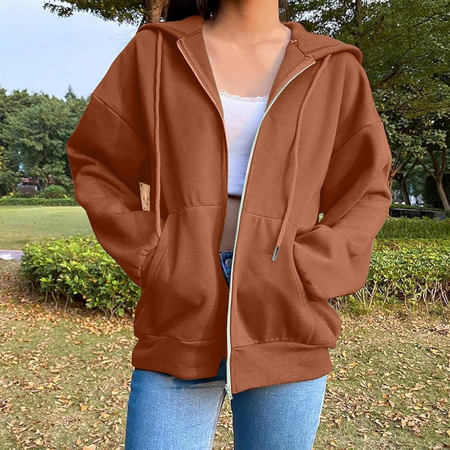 Hoodies for Women Zip up Lightweight Cute Hooded Sweatshirts Drawstring Casual Long Sleeve Jackets 2024 Fall Outfits
