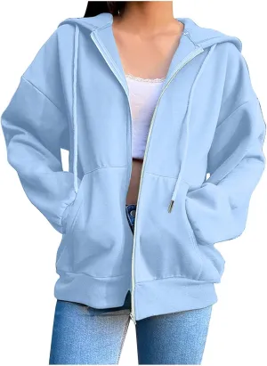 Hoodies for Women Zip up Lightweight Cute Hooded Sweatshirts Drawstring Casual Long Sleeve Jackets 2024 Fall Outfits