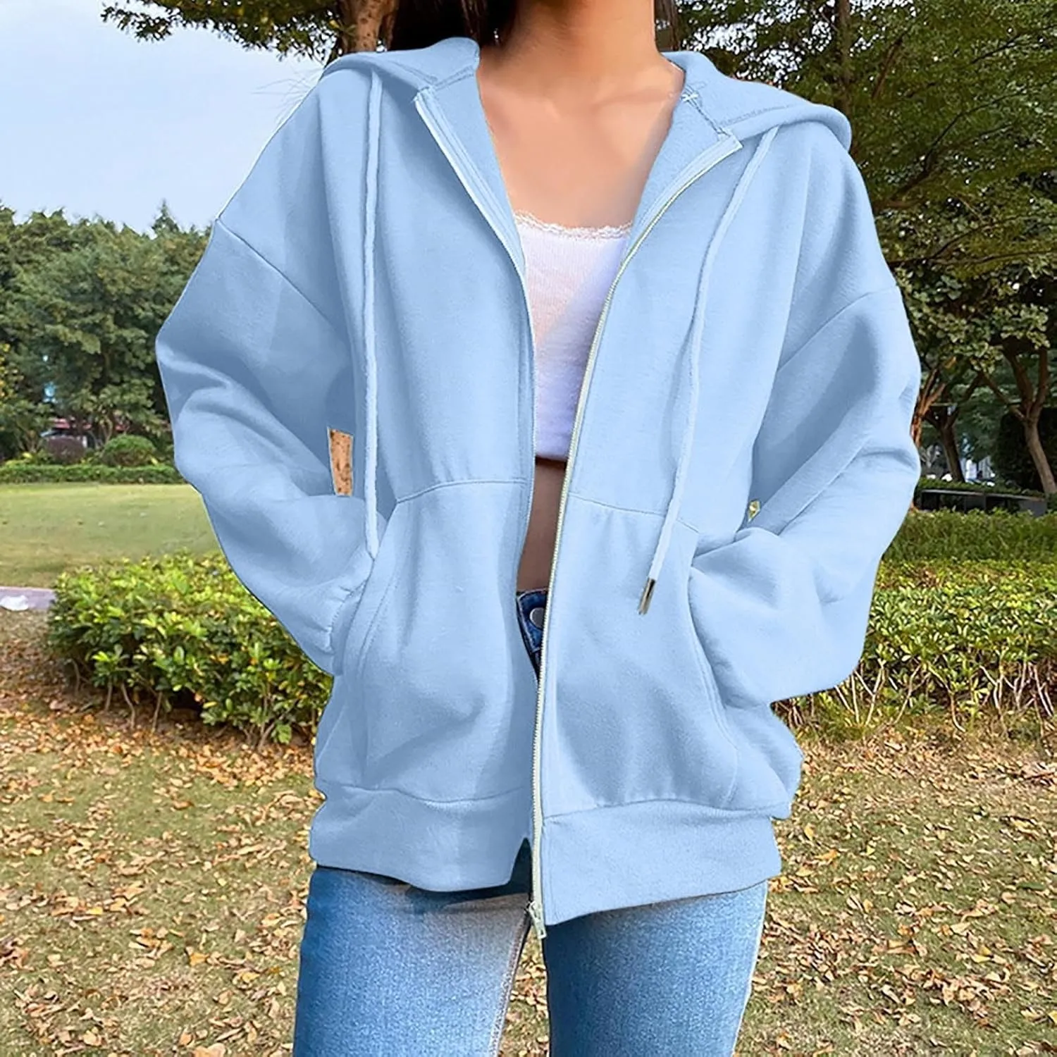 Hoodies for Women Zip up Lightweight Cute Hooded Sweatshirts Drawstring Casual Long Sleeve Jackets 2024 Fall Outfits