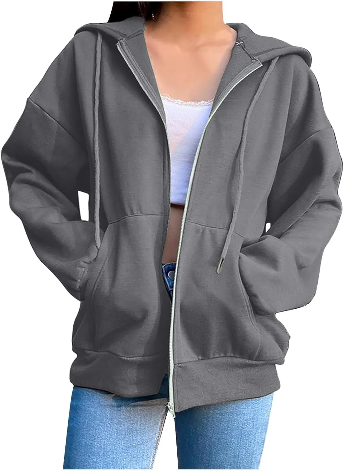 Hoodies for Women Zip up Lightweight Cute Hooded Sweatshirts Drawstring Casual Long Sleeve Jackets 2024 Fall Outfits