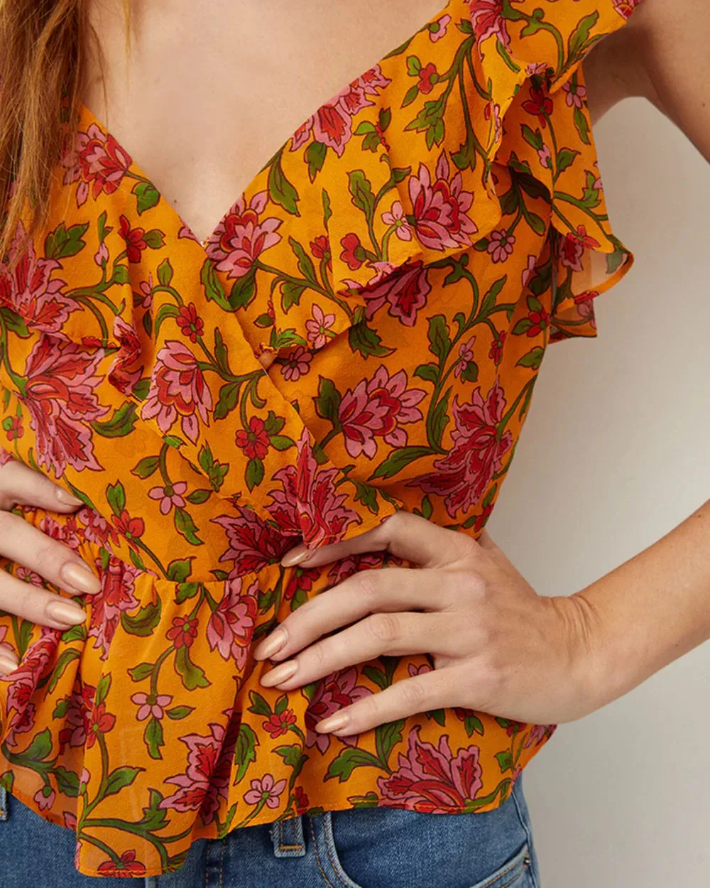 Hot Orange Randa Floral Silk Top