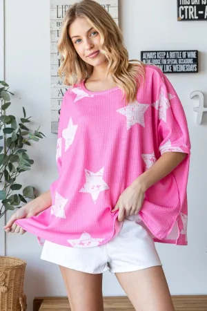 Hot Pink Star Pattern Oversized Waffle T-Shirt