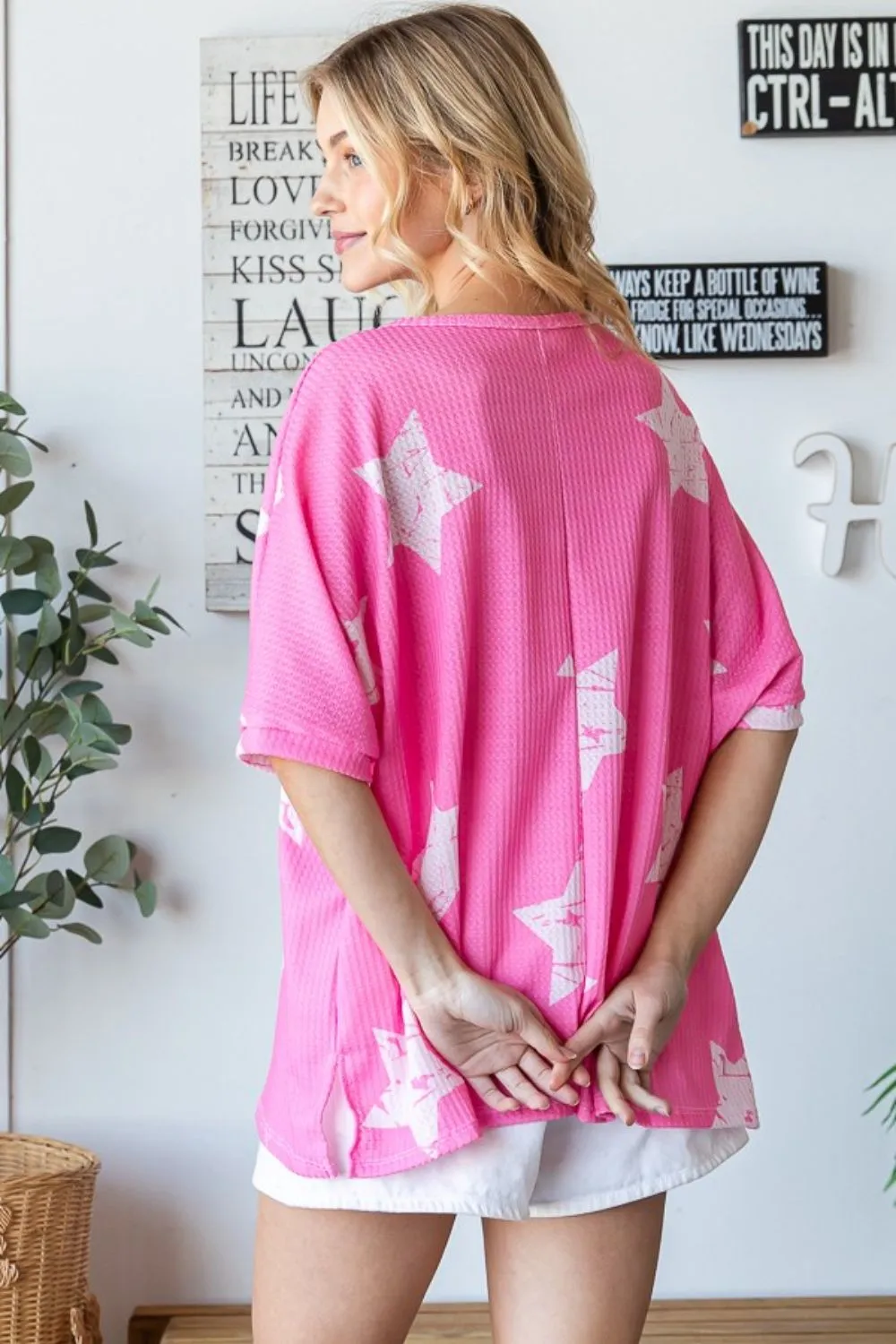 Hot Pink Star Pattern Oversized Waffle T-Shirt