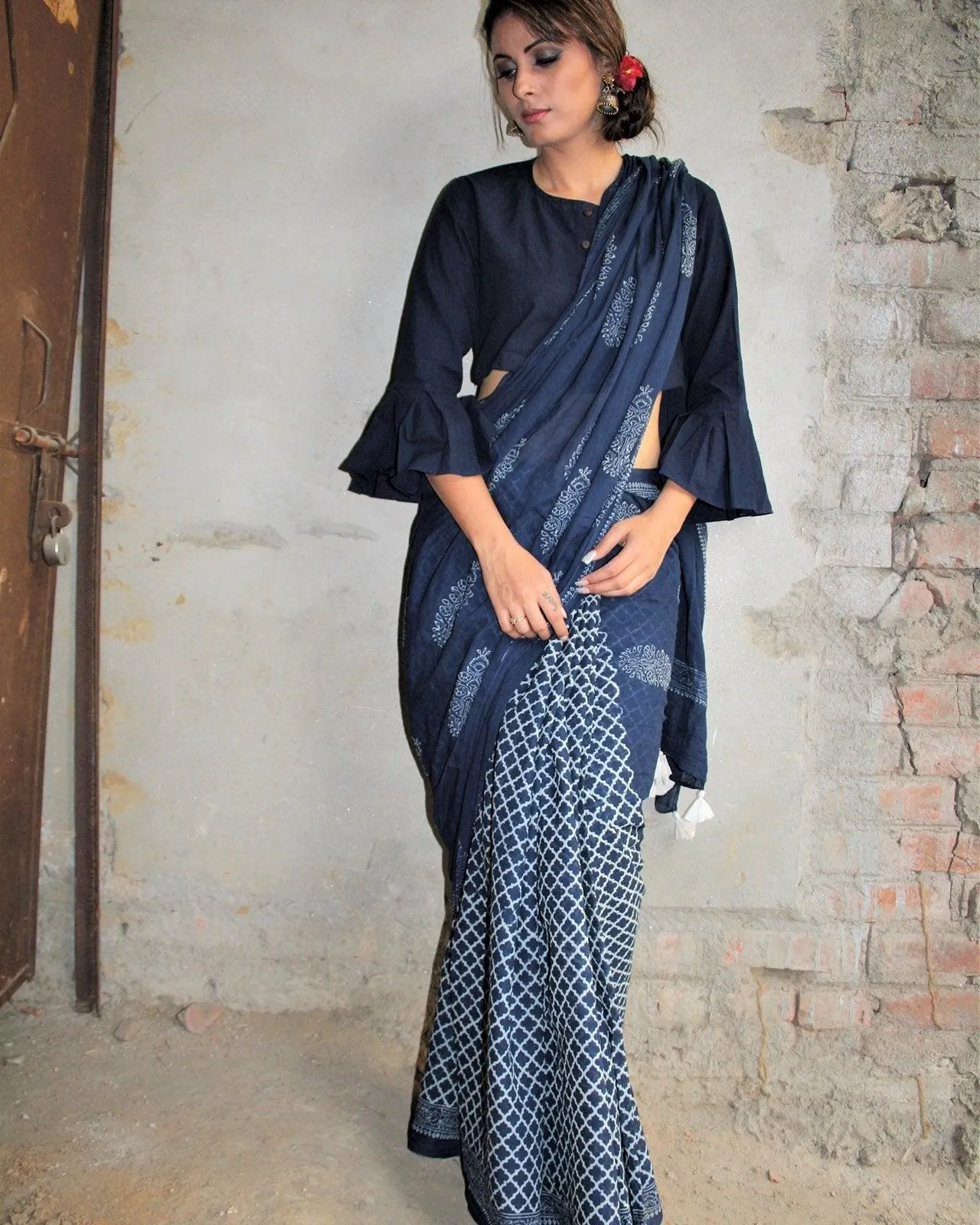 Indigo Horizon Handblockprinted Cotton Saree