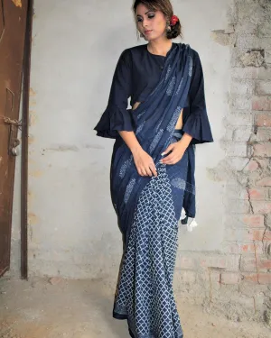Indigo Horizon Handblockprinted Cotton Saree