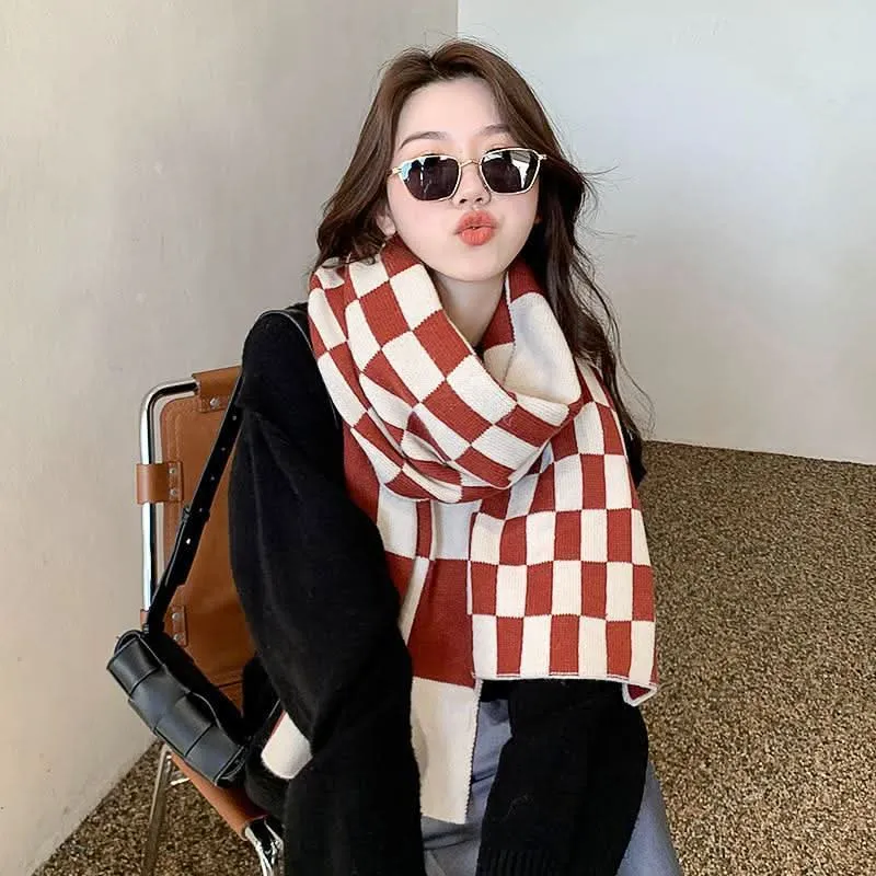 Knitted Plaid Winter Scarf for Women