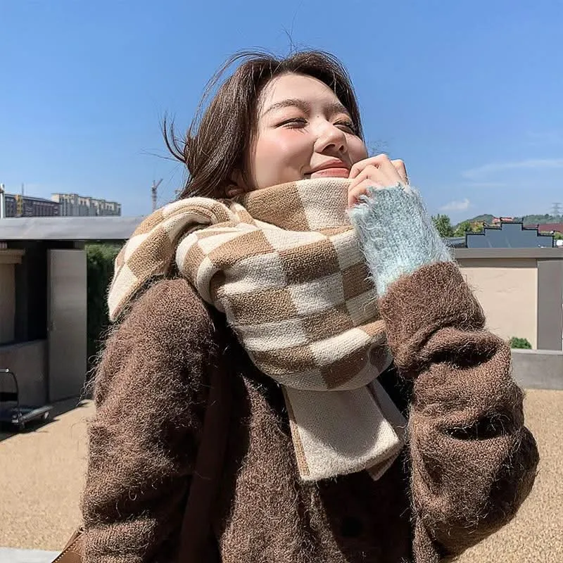Knitted Plaid Winter Scarf for Women