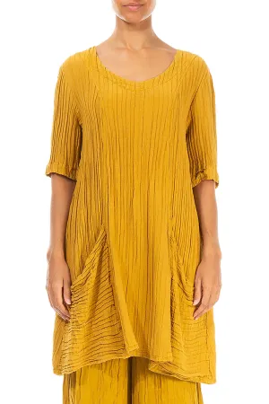 Large Pockets Crinkled Mustard Silk Tunic