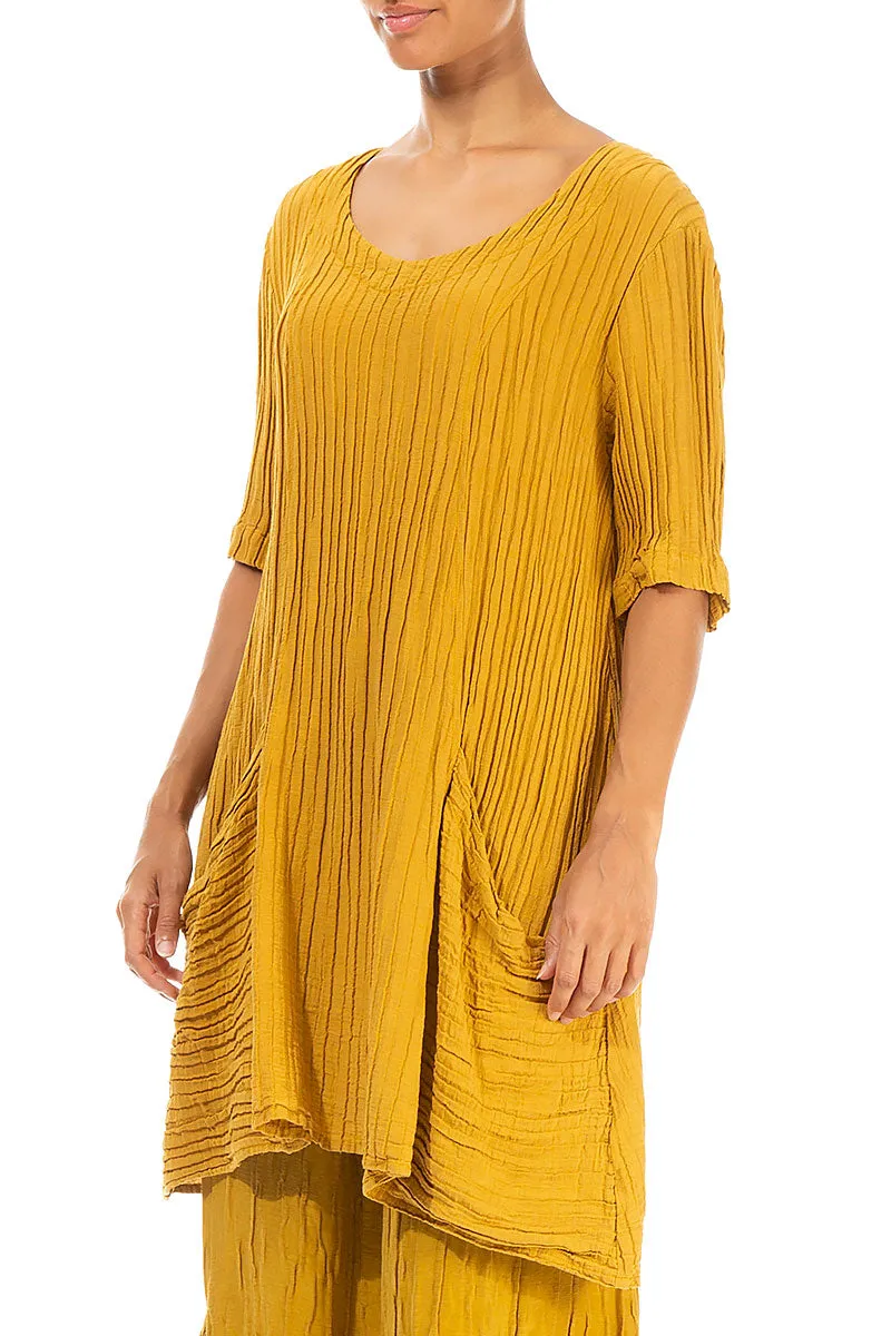 Large Pockets Crinkled Mustard Silk Tunic
