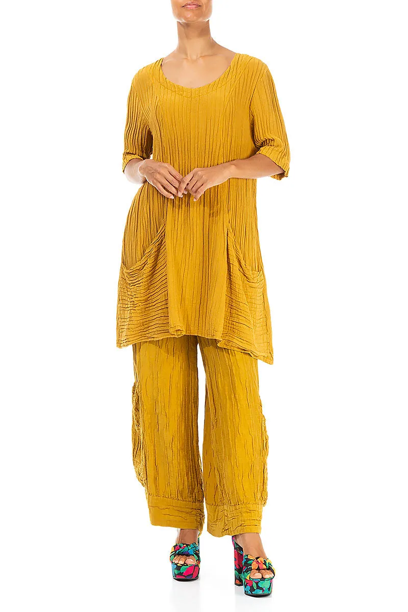 Large Pockets Crinkled Mustard Silk Tunic