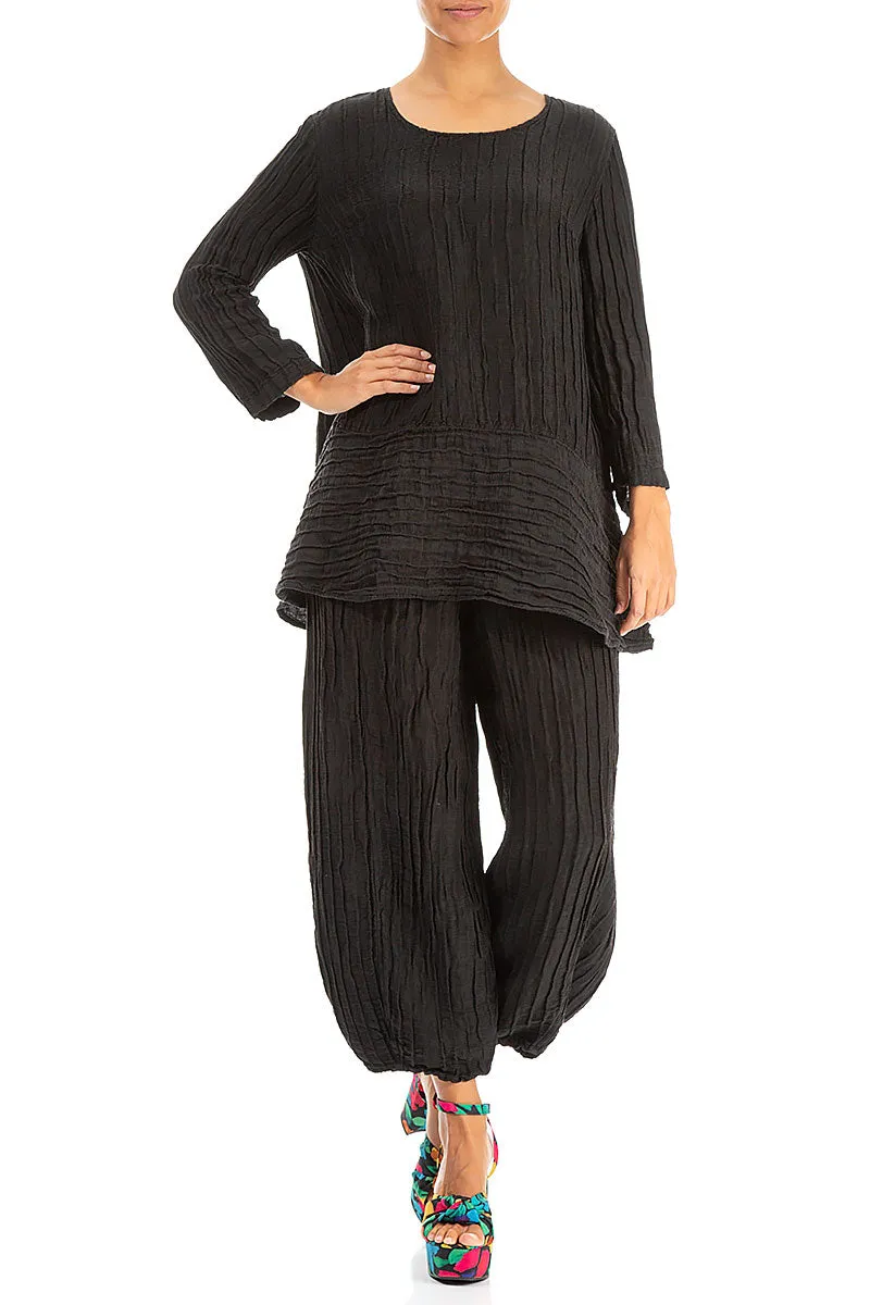 Loose Black Crinkled Silk Tunic