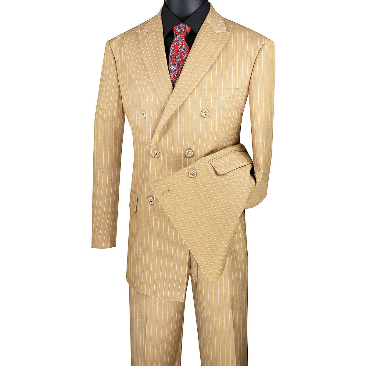 Luxurious Men's Gangster Stripe Suit Camel