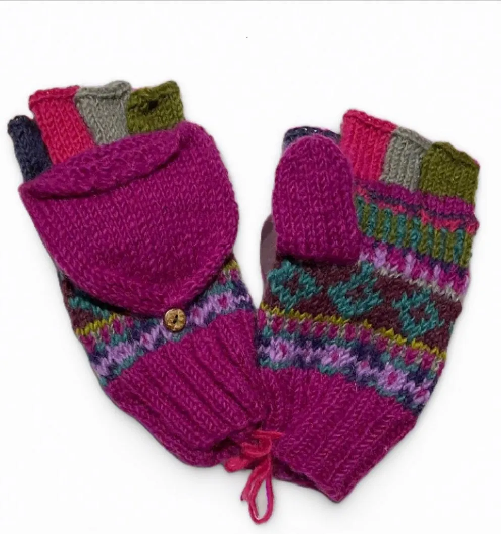 Magenta Purple Patterned Hunter Gloves Mittens 100% New Zealand Wool Winter Cosy Warm Gloves