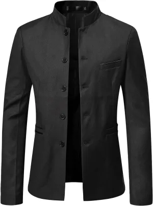 Men Chinese Tunic Suits Mandarin Collar Formal Suit Jackets Solid Slim Fit Front Button Blazer Traditional Uniform
