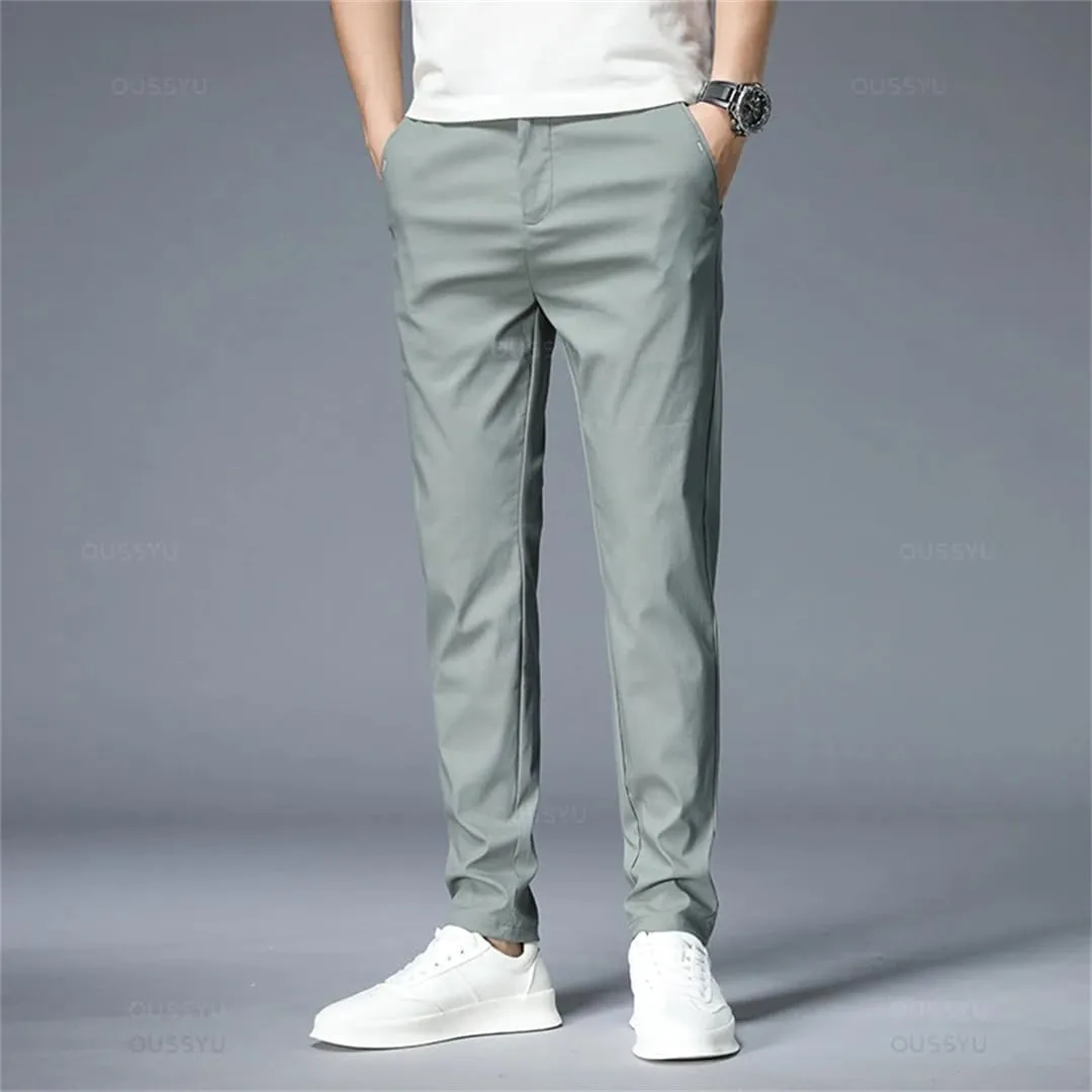 Men Spring Summer Pants Thin Stretch Slim Fit Elastic Waist Business Classic Trousers