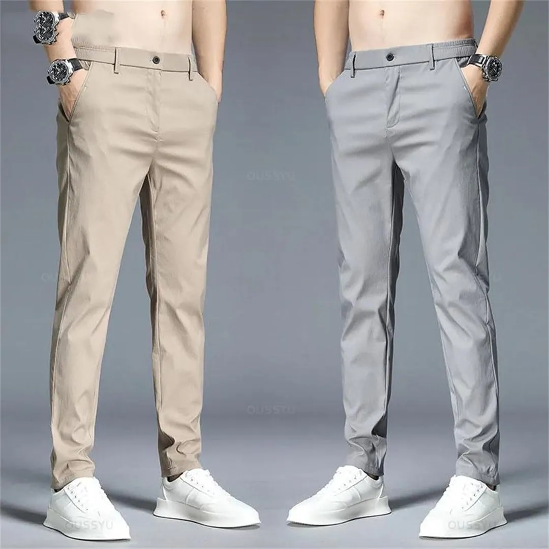 Men Spring Summer Pants Thin Stretch Slim Fit Elastic Waist Business Classic Trousers
