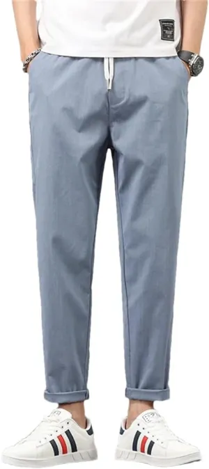 Men Stretch Cotton Slim Fit Drawstring Waist Korean Classic Blue Gray Trousers