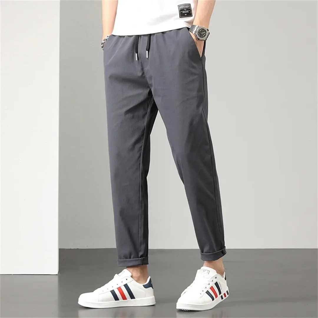 Men Stretch Cotton Slim Fit Drawstring Waist Korean Classic Blue Gray Trousers