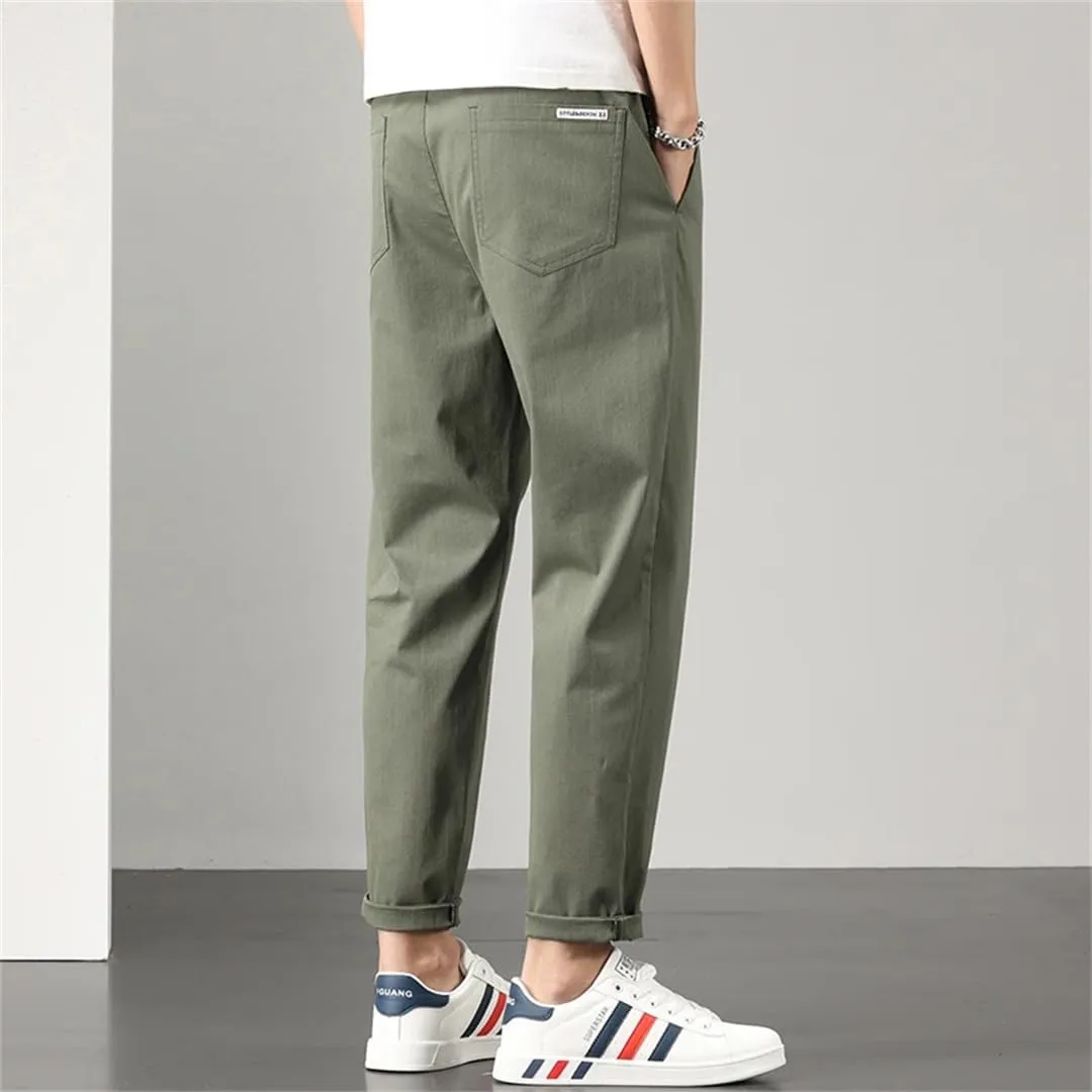 Men Stretch Cotton Slim Fit Drawstring Waist Korean Classic Blue Gray Trousers