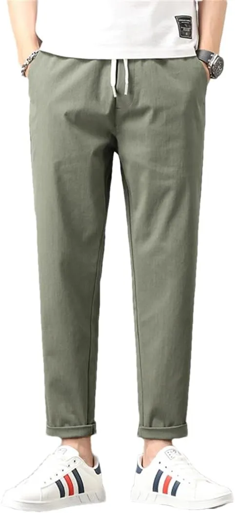 Men Stretch Cotton Slim Fit Drawstring Waist Korean Classic Blue Gray Trousers