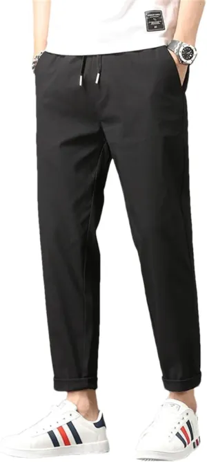Men Stretch Cotton Slim Fit Drawstring Waist Korean Classic Blue Gray Trousers