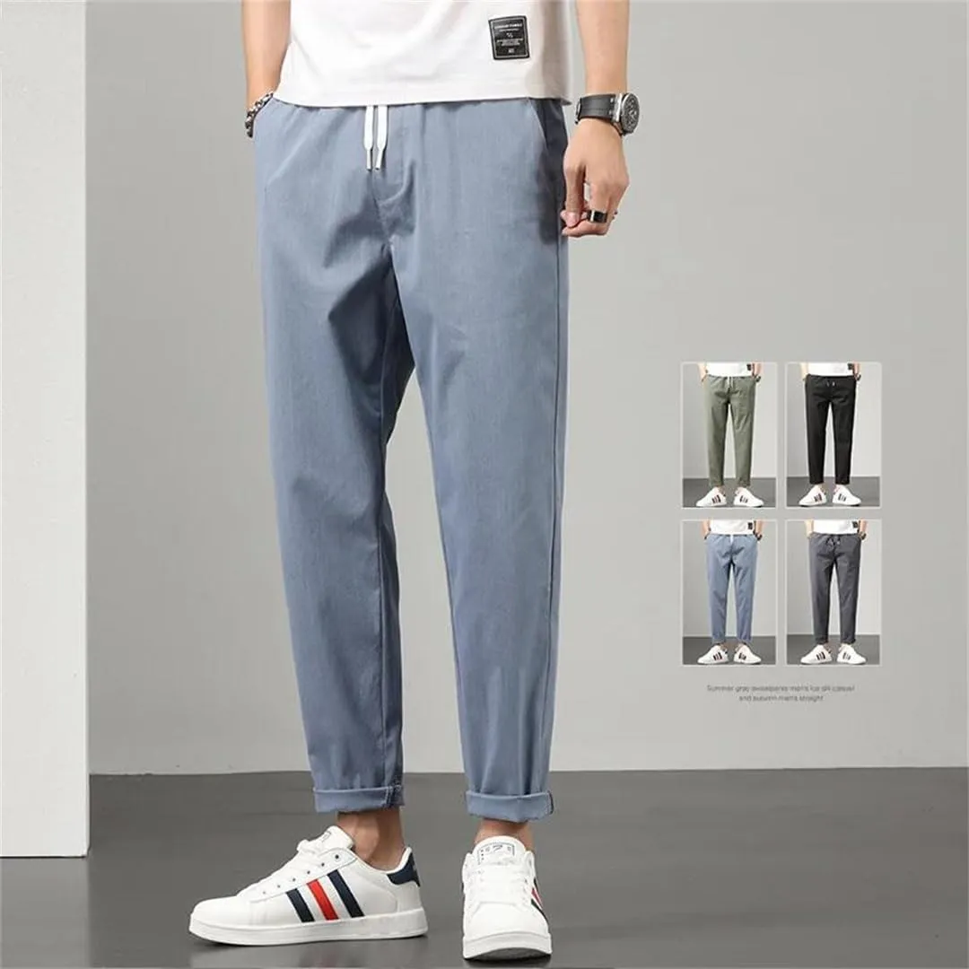 Men Stretch Cotton Slim Fit Drawstring Waist Korean Classic Blue Gray Trousers
