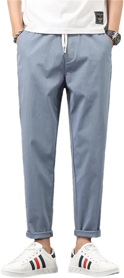 Men Stretch Cotton Slim Fit Drawstring Waist Korean Classic Blue Gray Trousers