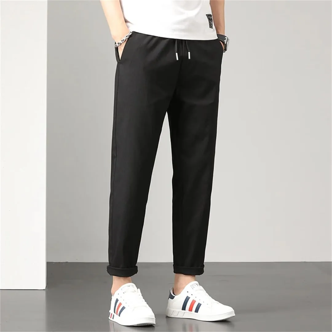 Men Stretch Cotton Slim Fit Drawstring Waist Korean Classic Blue Gray Trousers