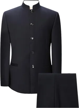 Men's 2 Pieces Chinese Tunic Suit Set Slim Fit Stand Collar Blazer Jacket Pants Suits Formal Wedding Dress