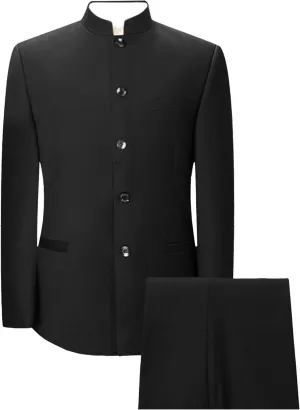Men's 2 Pieces Chinese Tunic Suit Set Slim Fit Stand Collar Blazer Jacket Pants Suits Formal Wedding Dress