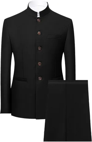 Men's 2 Pieces Chinese Tunic Suit Set Slim Fit Stand Collar Blazer Jacket Pants Suits Formal Wedding Dress