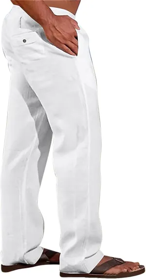 Mens Cotton Linen Slim Fit Pants Lightweight Drawstrings Summer Beach Trousers Breathable Casual Multi Pockets Yoga Pants