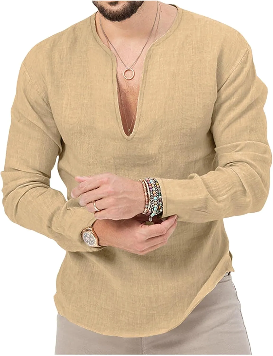 Mens Linen Henley Shirts Long Sleeve Deep V Neck T-Shirts Slim Fit Casual Solid Tees Classic Hippie Comfy Soft Tops