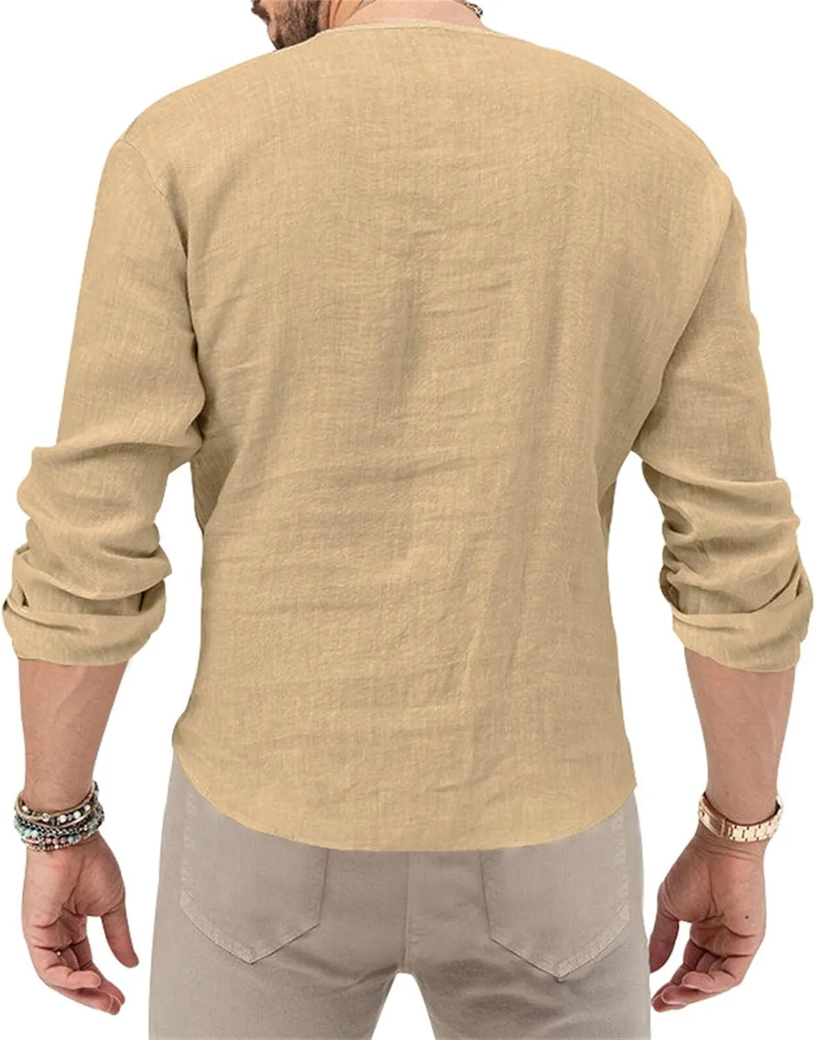Mens Linen Henley Shirts Long Sleeve Deep V Neck T-Shirts Slim Fit Casual Solid Tees Classic Hippie Comfy Soft Tops