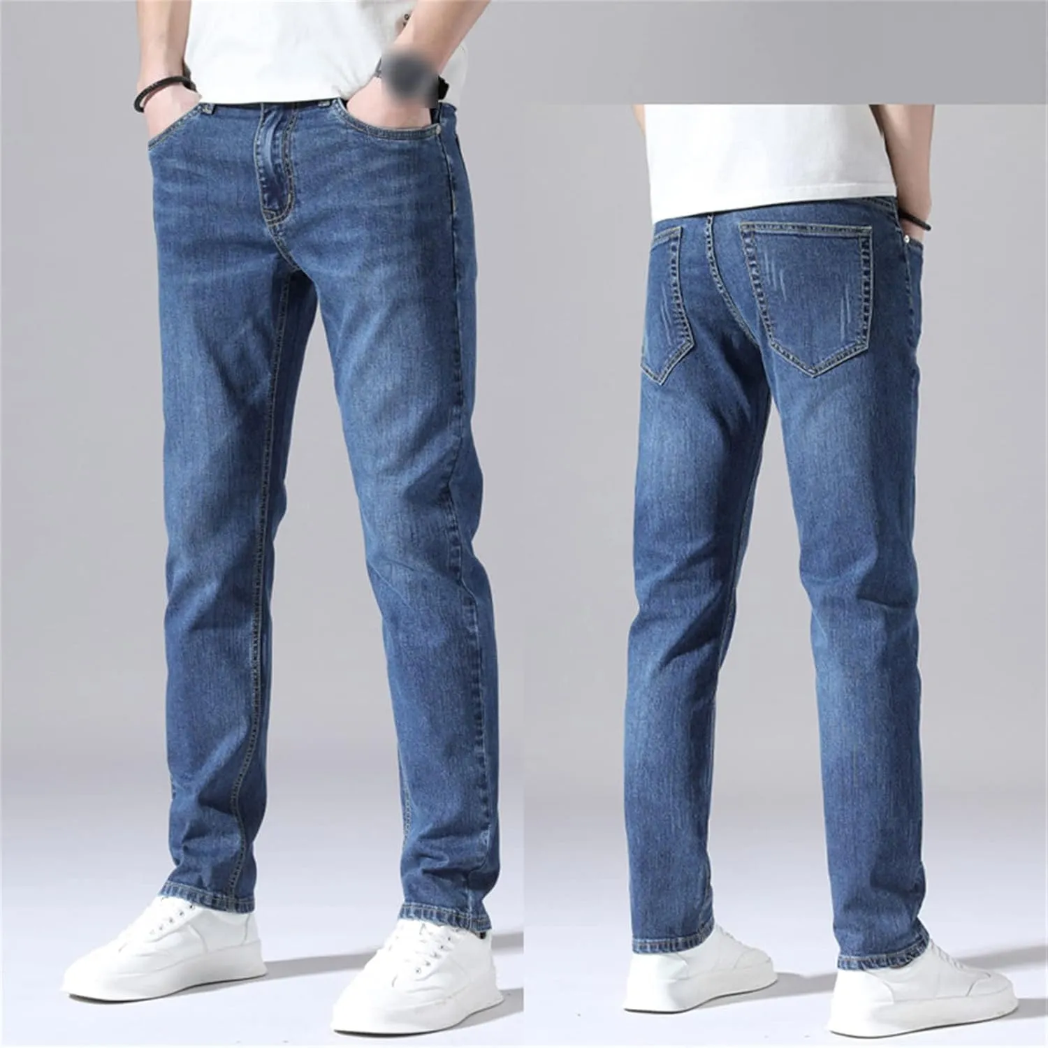 Men's Slim Fit Skinny Stretch Jeans Classic Retro Straight Leg Denim Pants Washed Distressed Comfy Jean Trousers