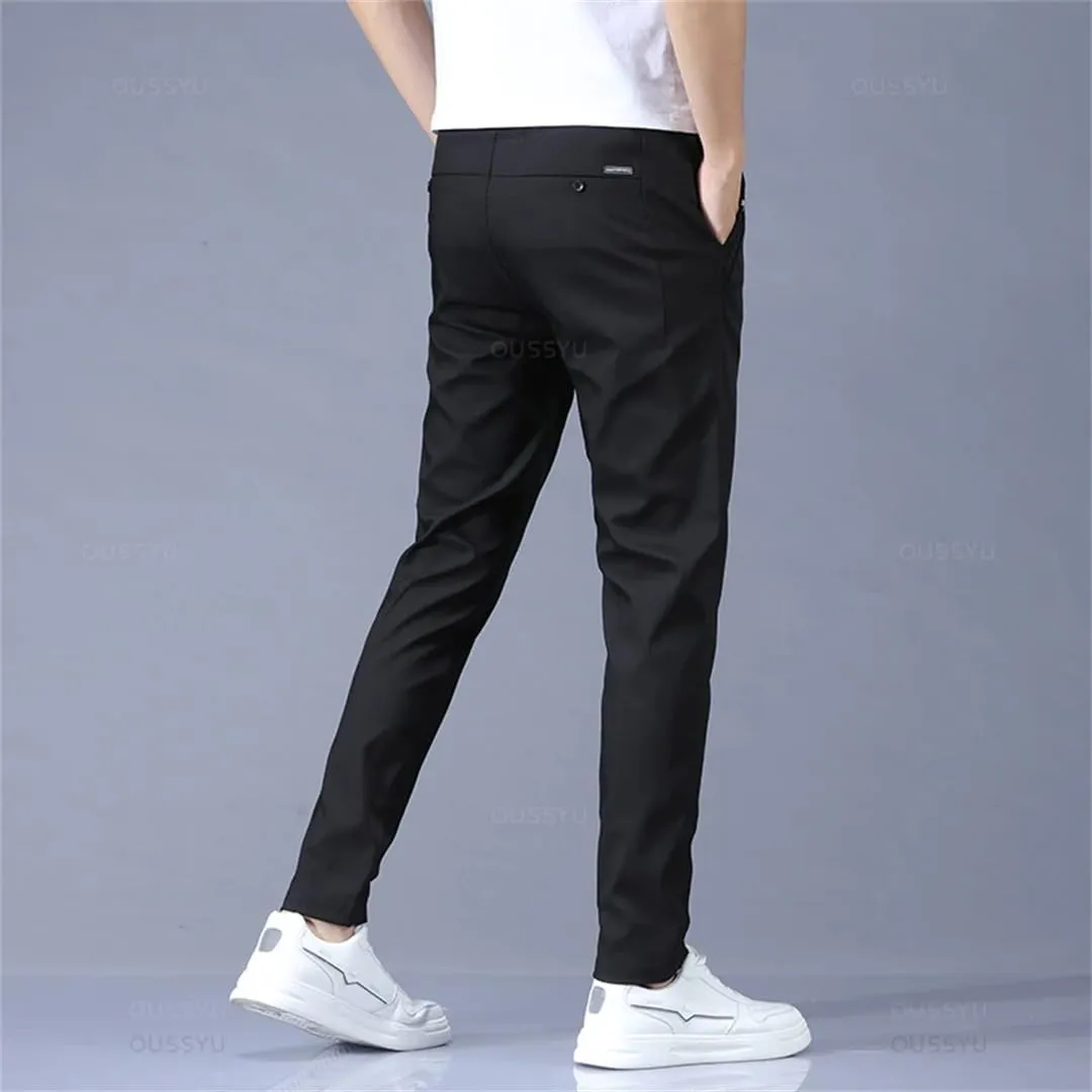 Mens Spring Summer Pants Stretch Slim Fit Elastic Waist Business Classic Trousers