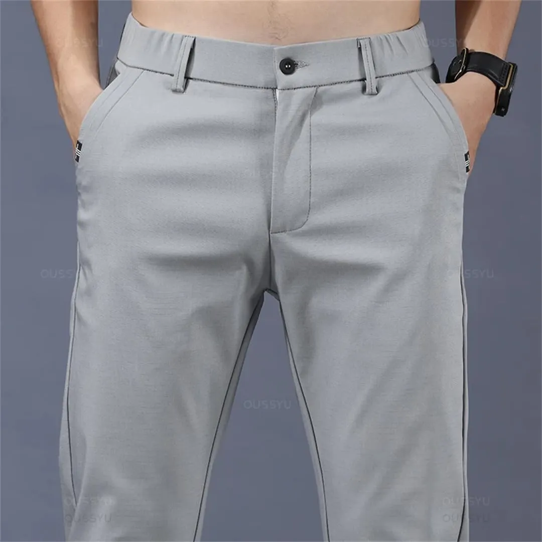 Mens Spring Summer Pants Stretch Slim Fit Elastic Waist Business Classic Trousers