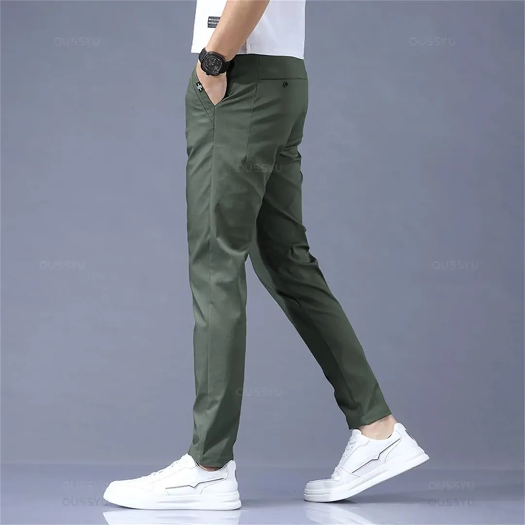 Mens Spring Summer Pants Stretch Slim Fit Elastic Waist Business Classic Trousers