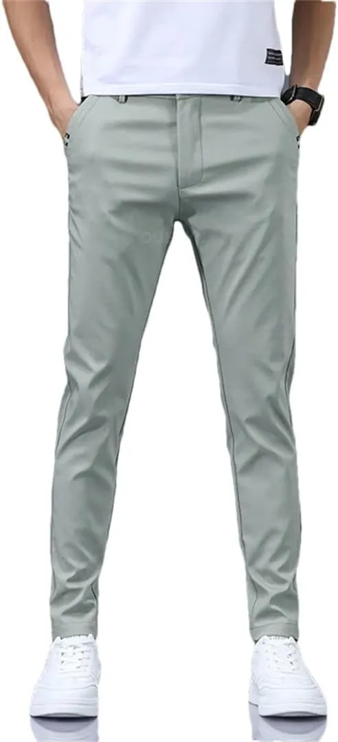 Mens Spring Summer Pants Stretch Slim Fit Elastic Waist Business Classic Trousers