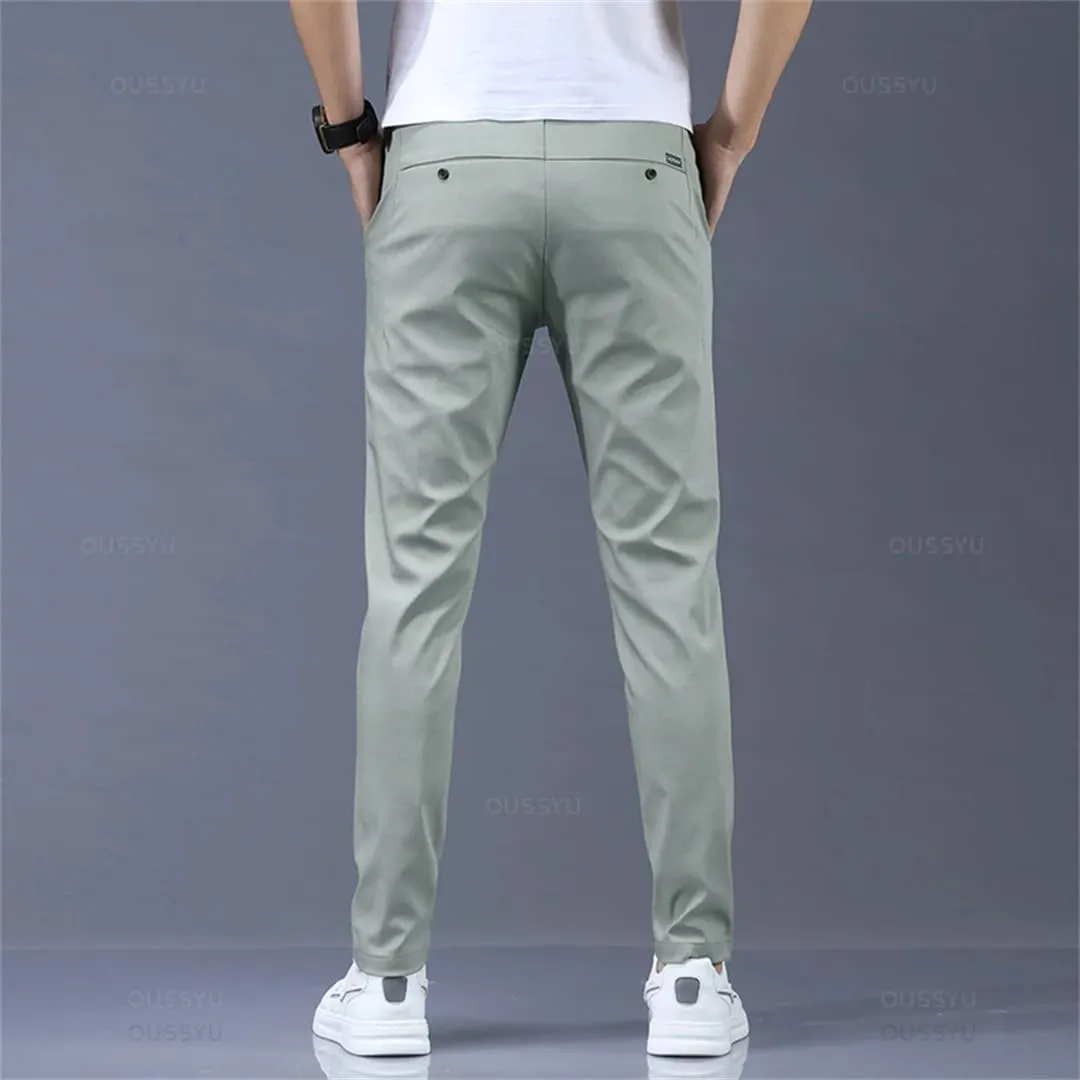 Mens Spring Summer Pants Stretch Slim Fit Elastic Waist Business Classic Trousers
