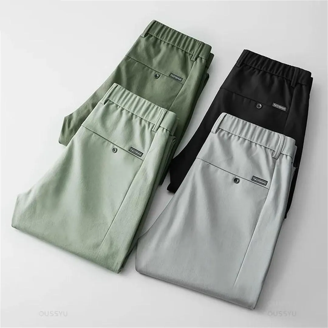 Mens Spring Summer Pants Stretch Slim Fit Elastic Waist Business Classic Trousers