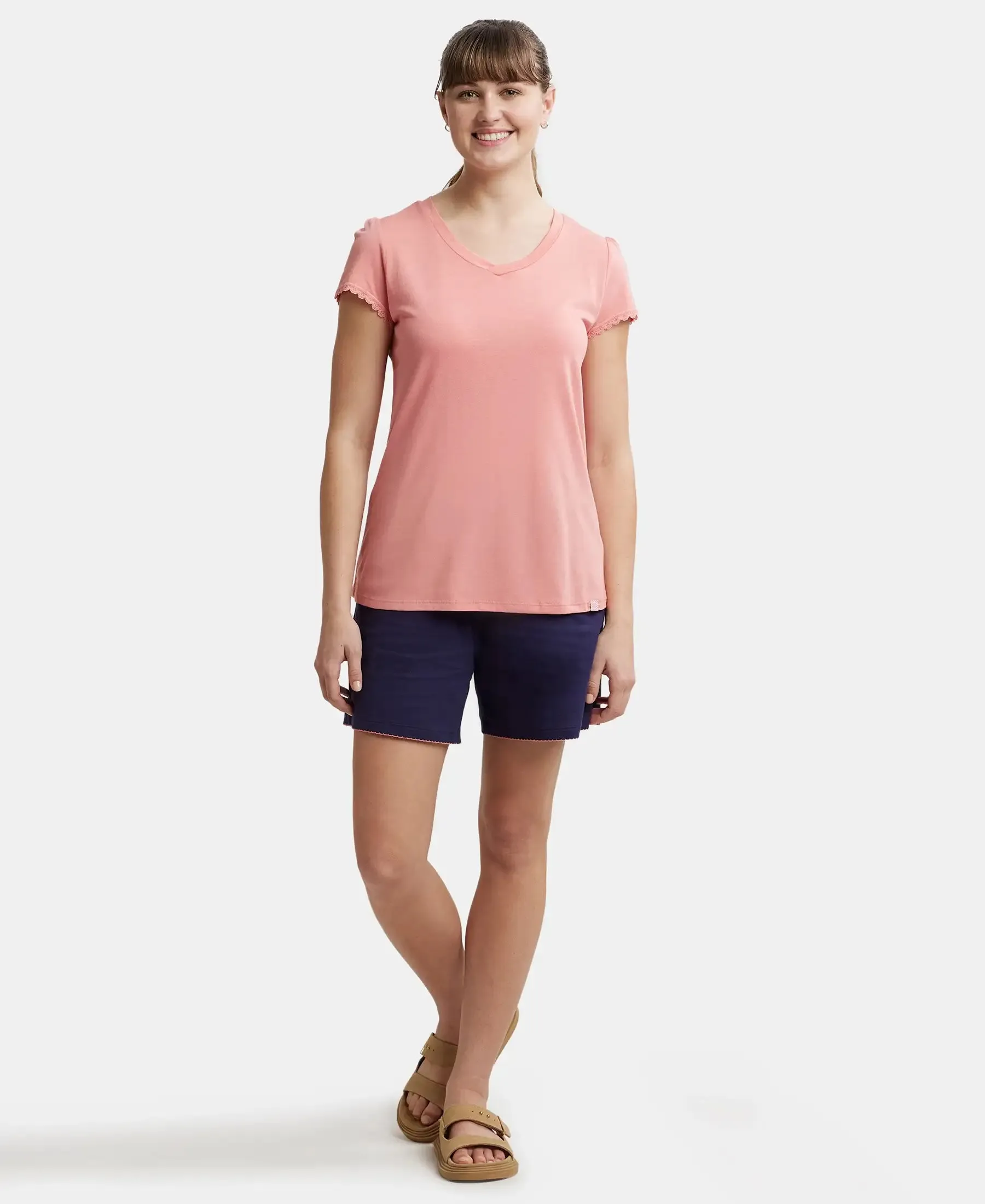 Micro Modal Cotton Relaxed Fit Solid V Neck Half Sleeve T-Shirt - Wild Rose