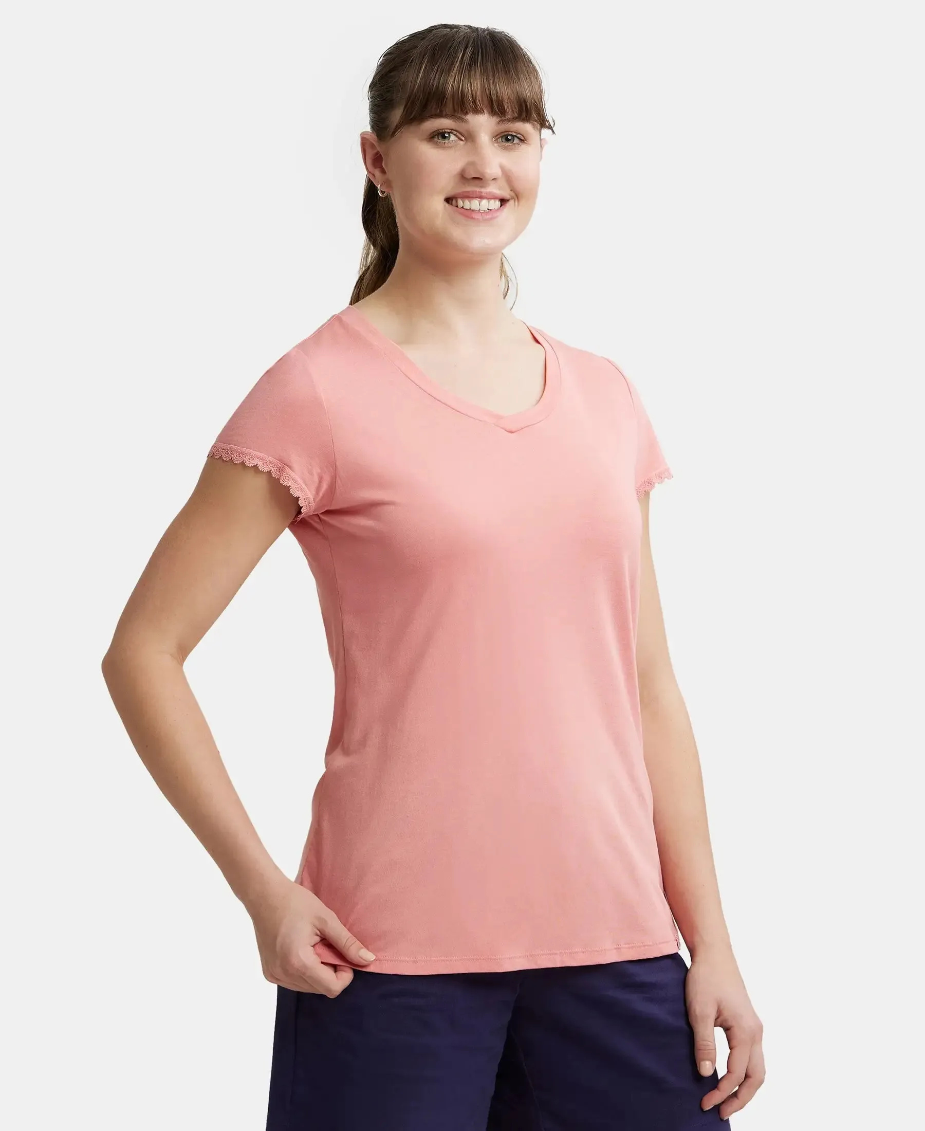 Micro Modal Cotton Relaxed Fit Solid V Neck Half Sleeve T-Shirt - Wild Rose