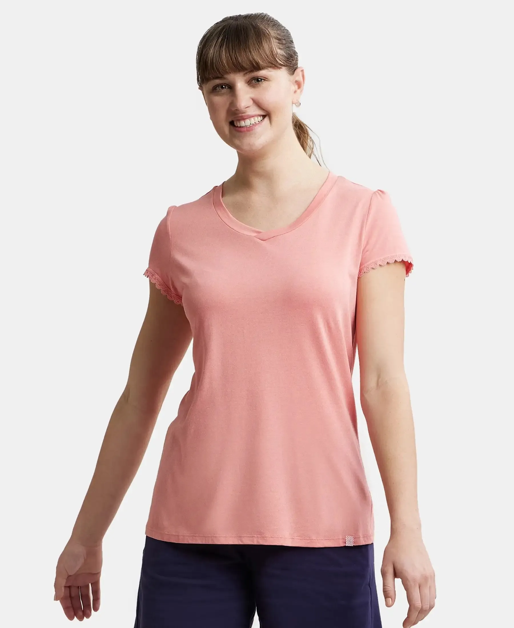 Micro Modal Cotton Relaxed Fit Solid V Neck Half Sleeve T-Shirt - Wild Rose