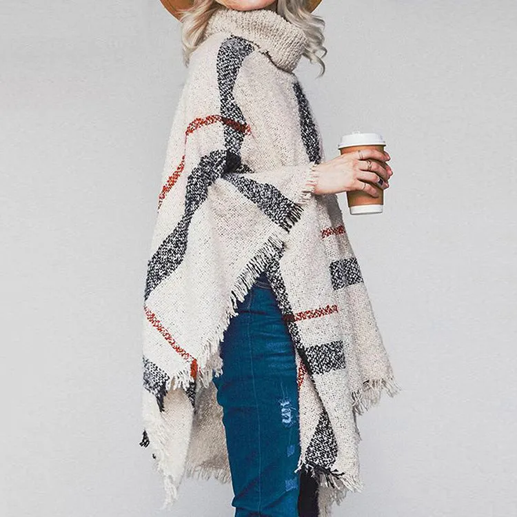 Mid-Long Tassel Shawl Oversized Turtleneck Women Sweater