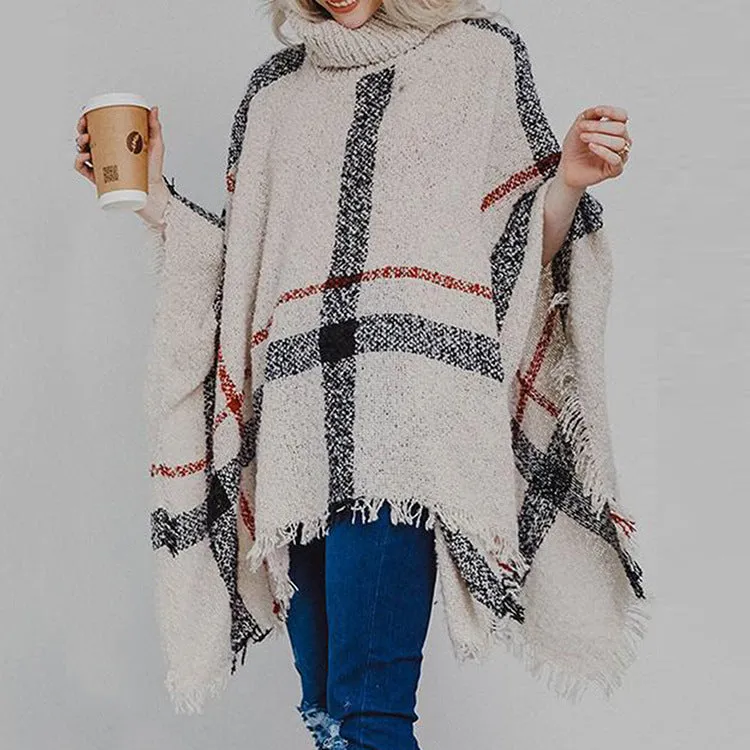 Mid-Long Tassel Shawl Oversized Turtleneck Women Sweater