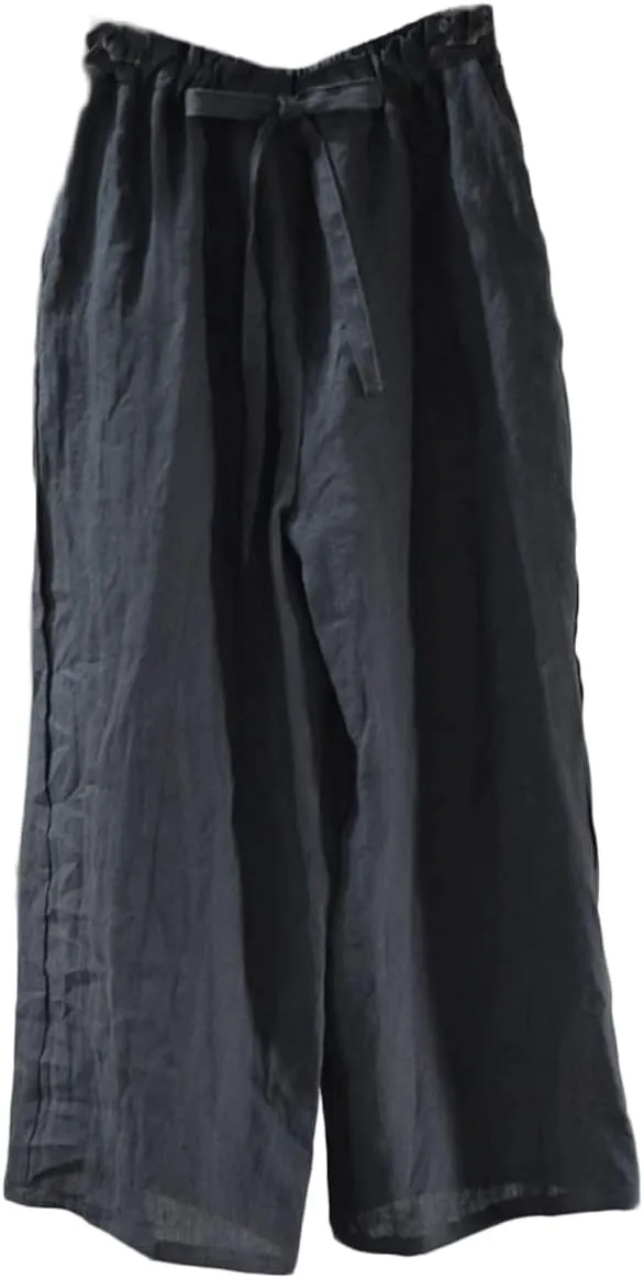 NFYM Casual Wide Pants for Women Linen Elastic High Waist Drawstring Belt Comfy Trousers with Pockets